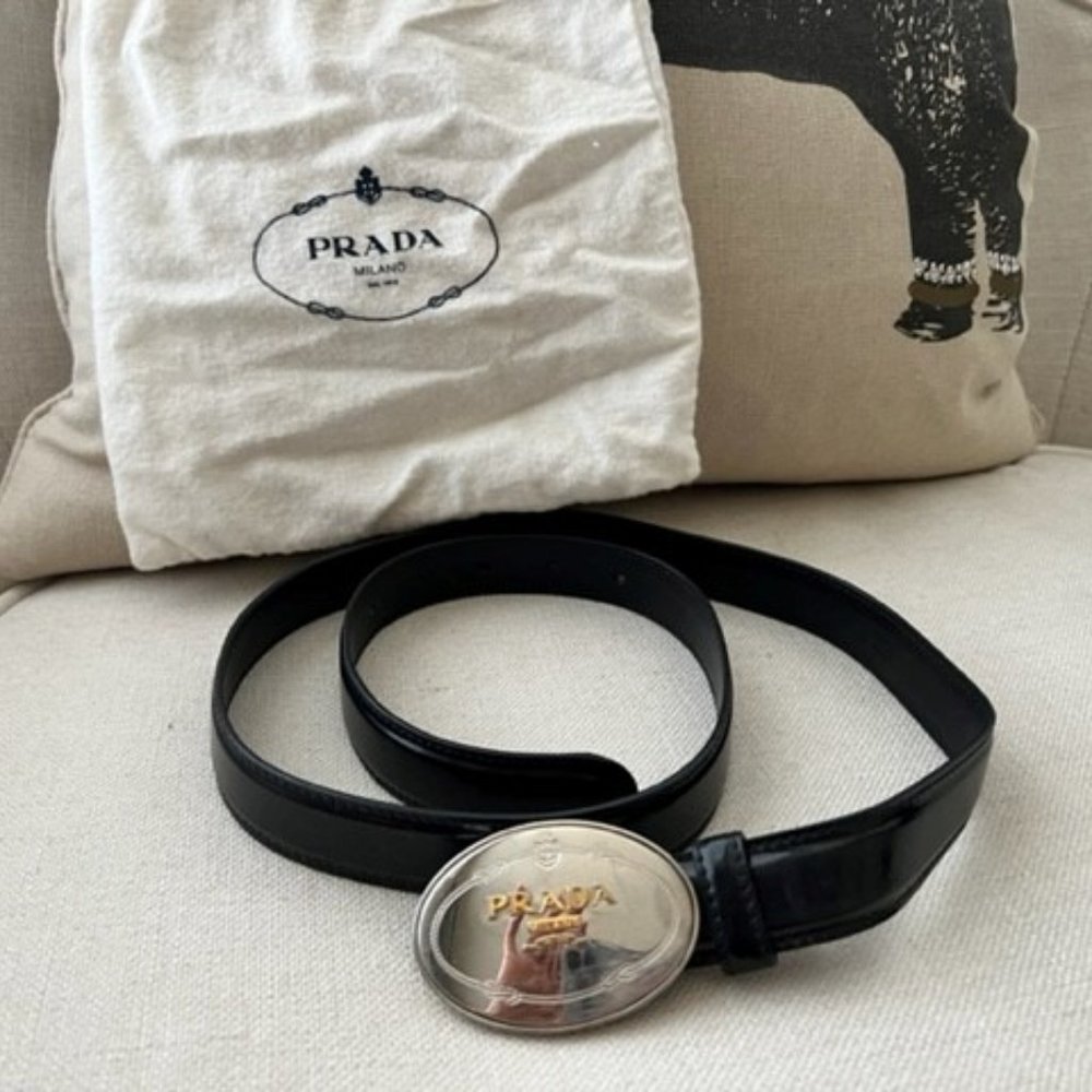Prada belt Black patented leather with Silver and Gold Prada buckle. 34/85